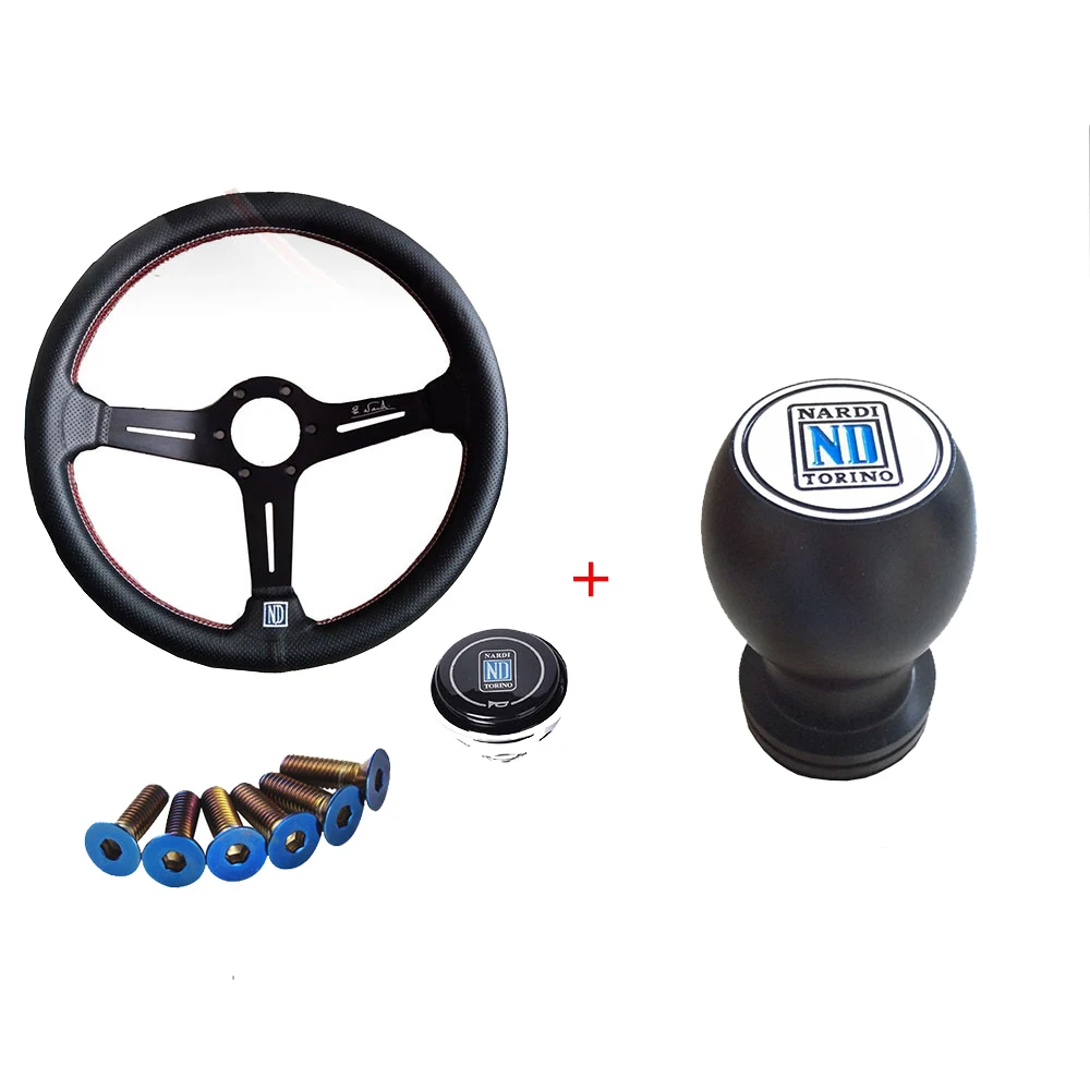 With Shift Knob Универсальный 14 дюймов ND Кожаный авто гоночный руль глубокий кукурузный Дрифтинг спортивный руль с логотипом - Цвет: With Shift Knob