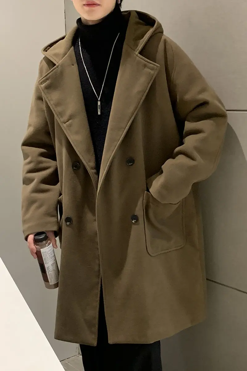 

2020 Winter New Youth Popular Solid Color Loose Large Size Woolen Coat Fashion Casual Hooded Long Top Army Green/Navy Blue