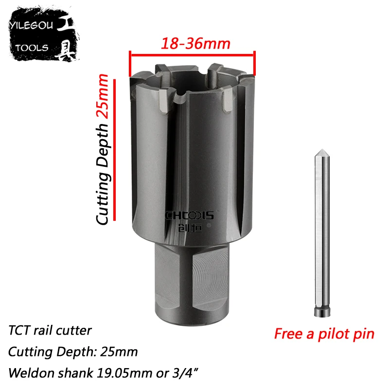 Diameter 18-36mm x 25mm TCT Rail Cutter With Weldon Shank 22*25mm TCT Rail Core Drill Bit 31*25mm Metal Hole Saw, Cut Depth 25mm