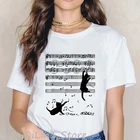 Новинка Женская Футболка harajuku, футболка с изображением черного кота, музыкальных нот, кавайная одежда, летний топ, женская футболка, футболки с рисунком tumblr