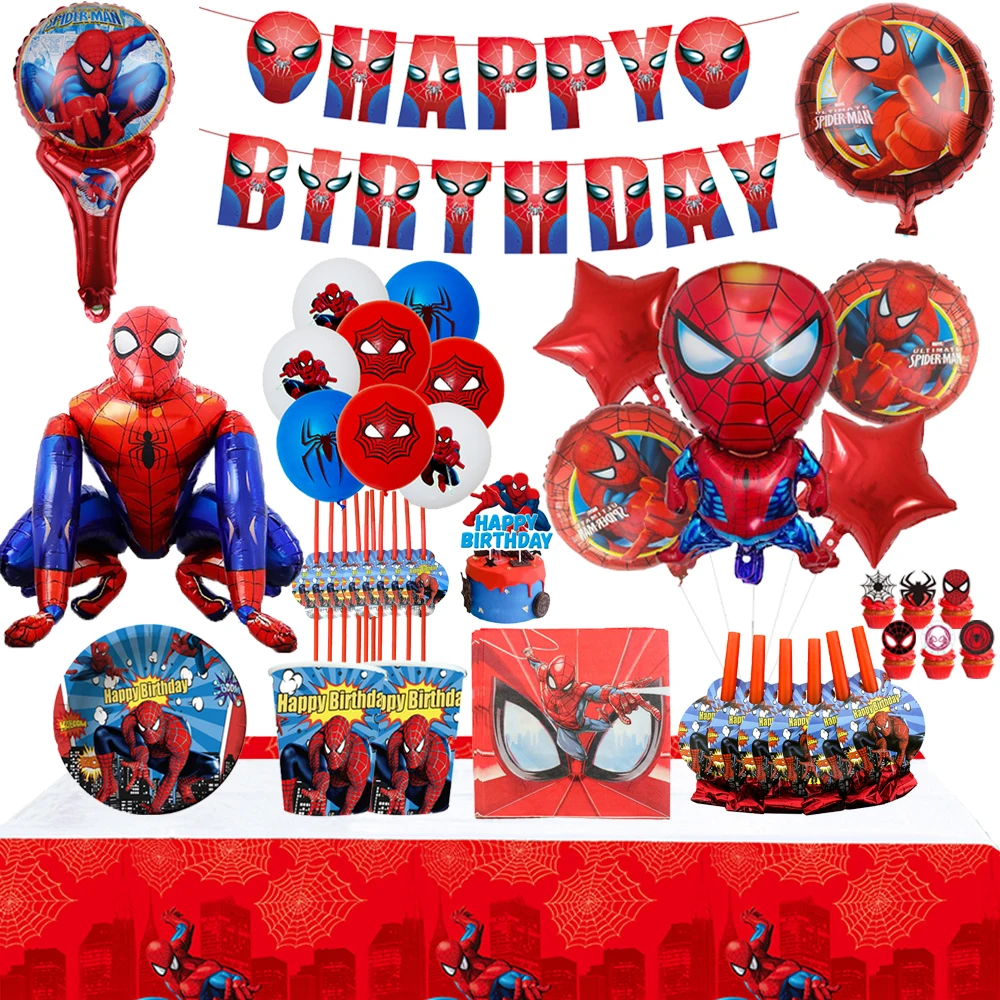 

New Spiderman Theme Party Decoration Disposable Tableware Paper Cups Plates Banner Balloon For Kids Boys Birthday Party Supplies