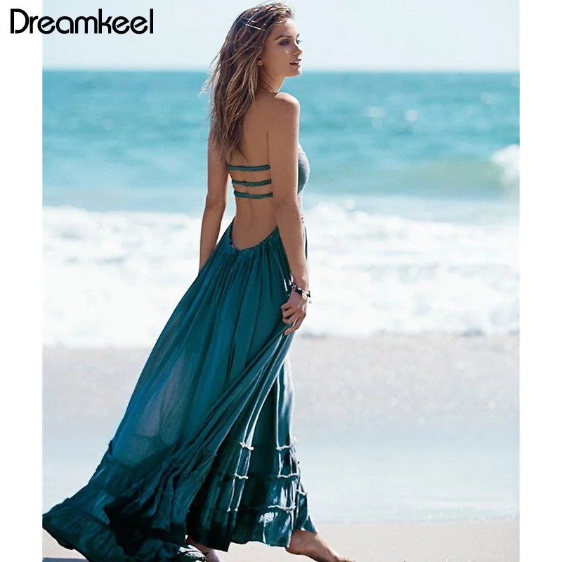 Летнее пляжное платье с открытой спиной без рукавов завязками на талии макси