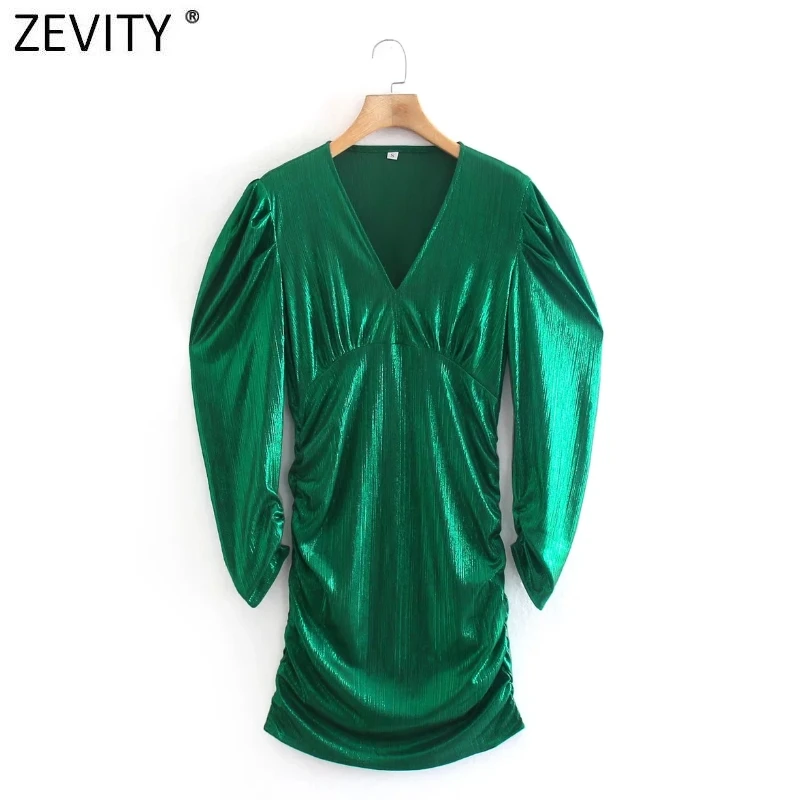 

ZEVITY Women Sexy V Neck Pleats Design Green Color Slim Mini Dress Female Chic Elastic Puff Sleeve Shinning Party Vestido DS9115