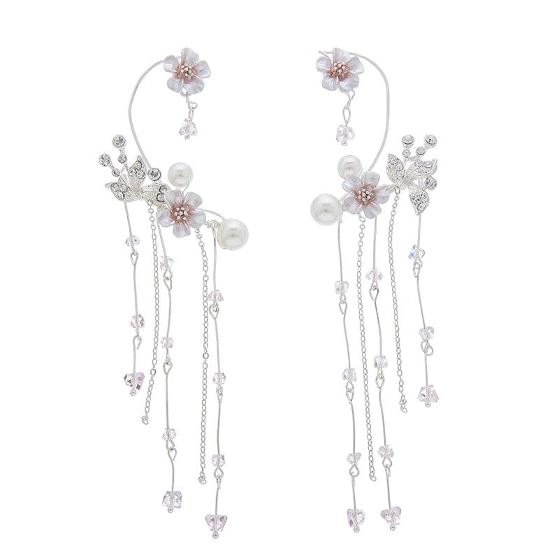 

TT Bridal Mori Girl's Beautiful Hair Accessories Crystal Tassel Ear Hanging White Earrings Wedding Head Accessories