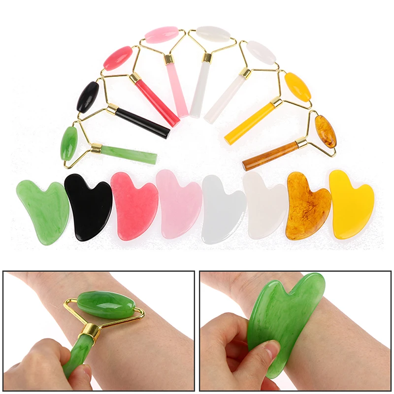 

2PCS Rose Resin Guasha Set Facial Roller Stone Board Massager Face Slimming Body Relax Massager Acupuncture Scraper Plate