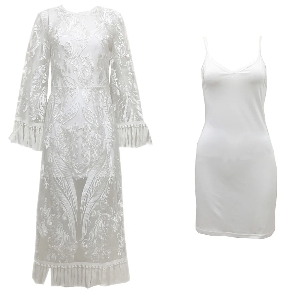 

European and American women's banquet party evening dress lace embroidery tassel dress two-piece