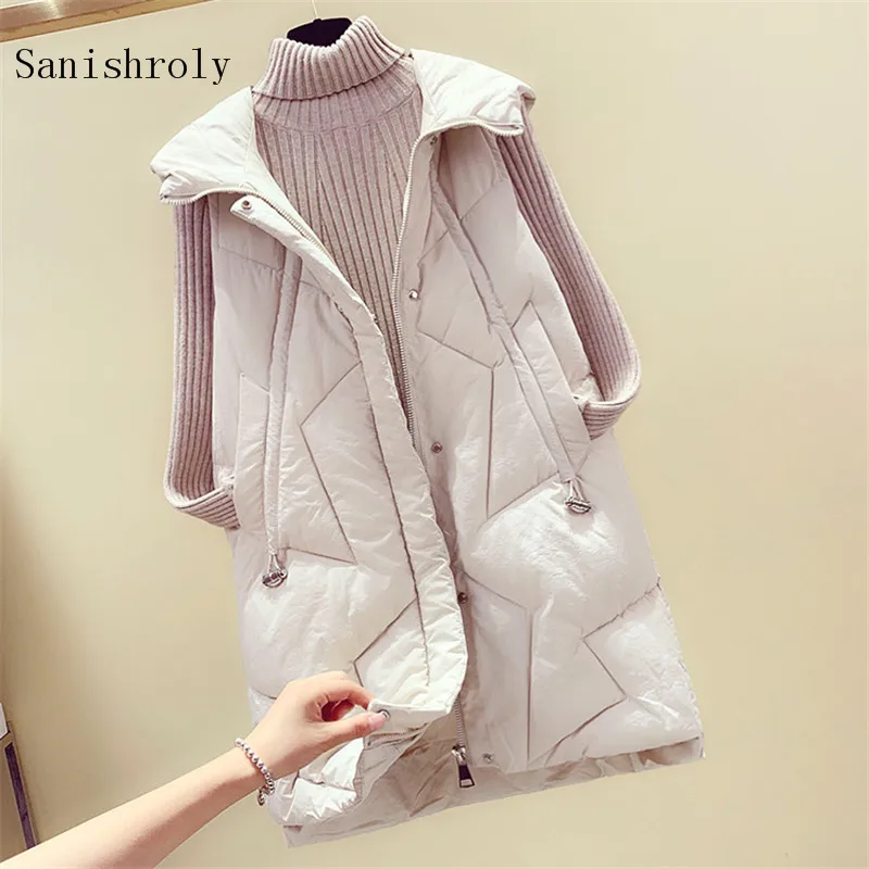 

Sanishroly Women Long Hooded Vest Autumn Winter Warm Thicken Down Cotton Waistcoat Jacket Female Sleeveless Vests Outwear SE776