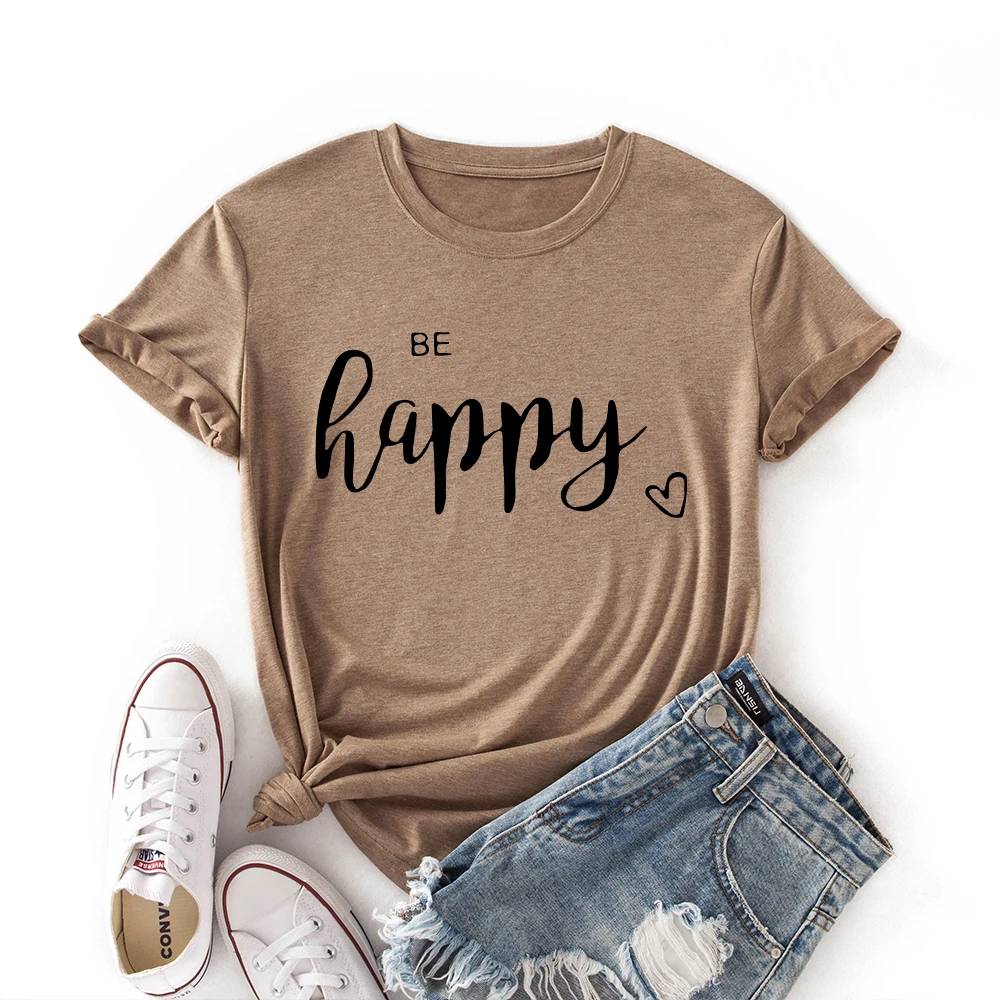 

Woman Summer Cotton T-Shirts Short Sleeve Tops Be Happy Graphic Tee Shirts for Women Female Colorful Casual Shirts Clothing