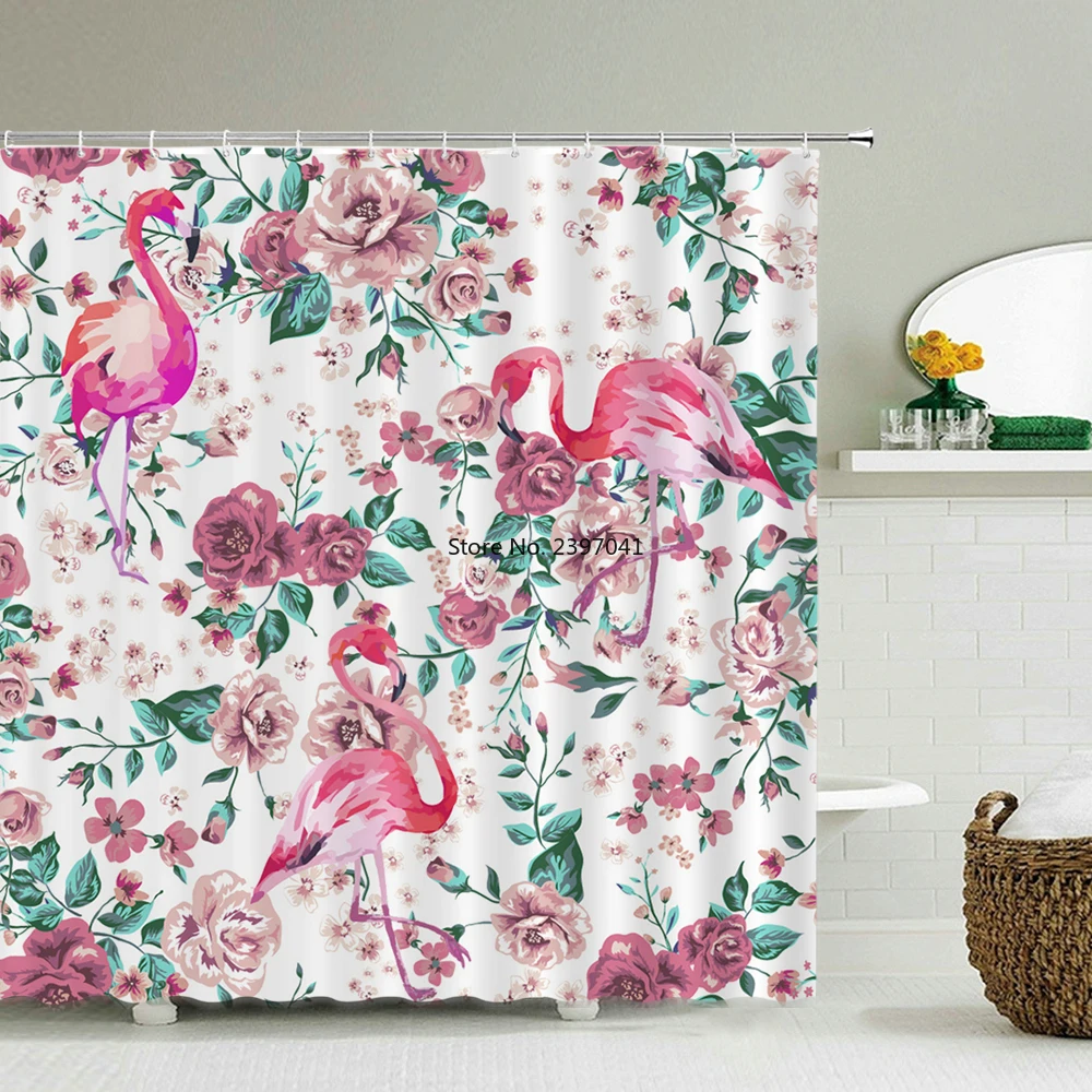 

Waterproof Bathroom Shower Curtains Flamingo Polyester Bath Curtain Flower Leaves plant Bath Screen Printed Curtain Home Decor