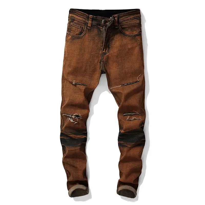 

Men's Pants Hole Trousers Casual Jeans Patch Spell Color Straight