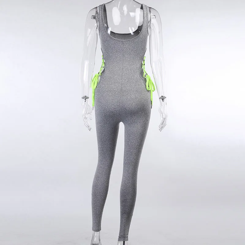 

2020 New Arrivals Women Summer Sexy O Neck Hollow Out Gray Jumpsuit Solid High Street Rompers