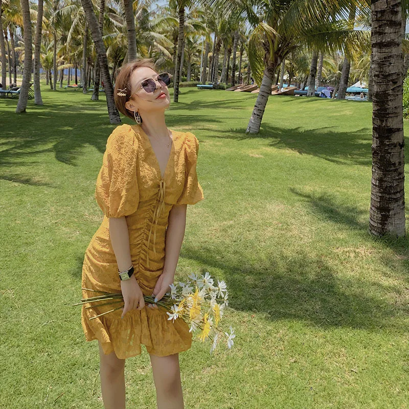 Сексуальные бандажные платья на шнуровке спереди женский желтый сарафан с