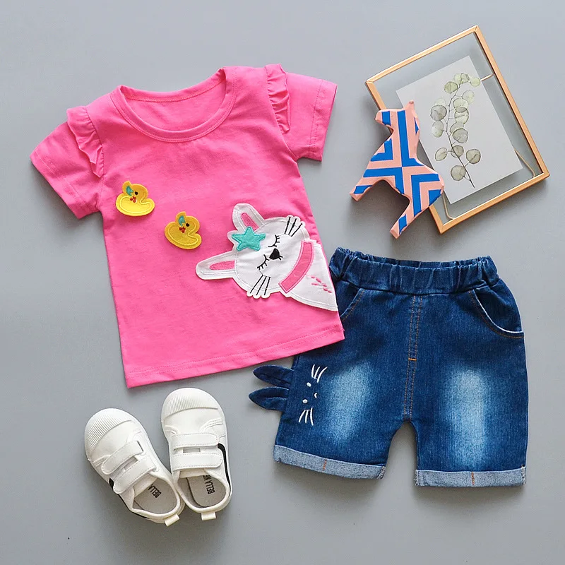 Baby Girls Clothing Sets Kids Summer Clothes Set Children Fashion Cartoon Cotton T-shirt+jeans 2pcs for Toddler 2020 New | Детская