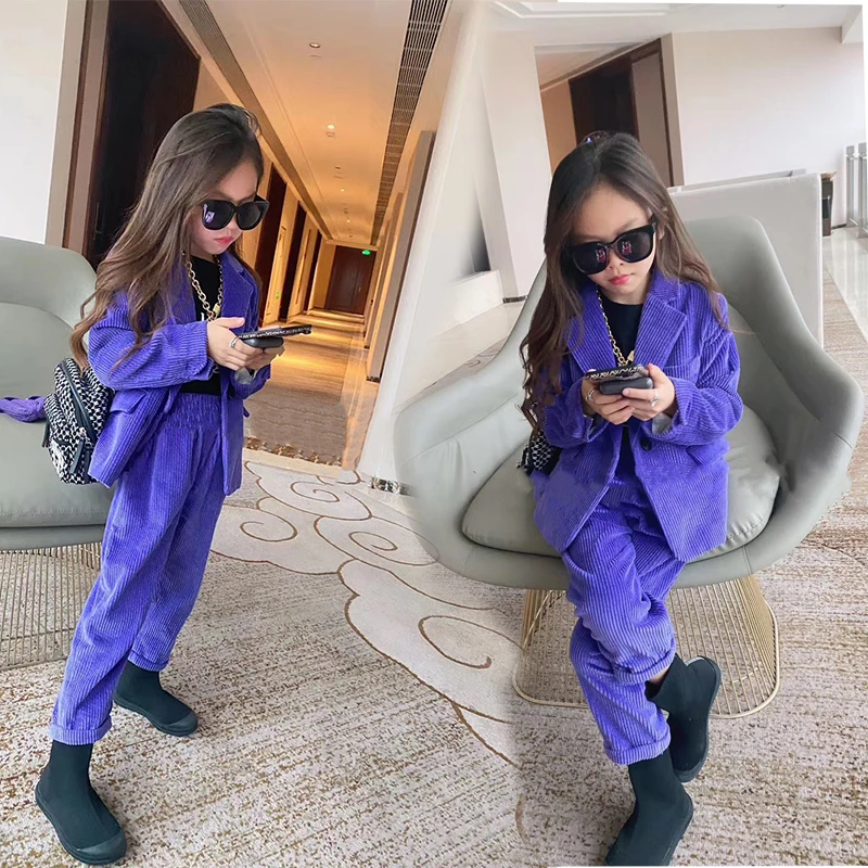 Вельветовый костюм для девочек Осенняя детская одежда фиолетовый утепленный