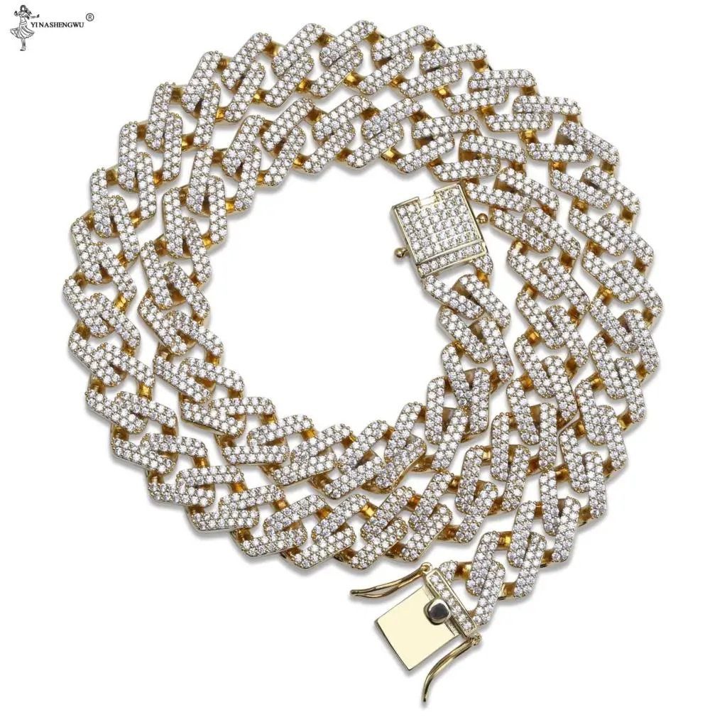 

14mm Miami Prong Set Cuban Chains Necklace For Men Gold Silver Color Hip Hop Iced Out Paved Bling CZ Men Rapper Necklace Jewelry