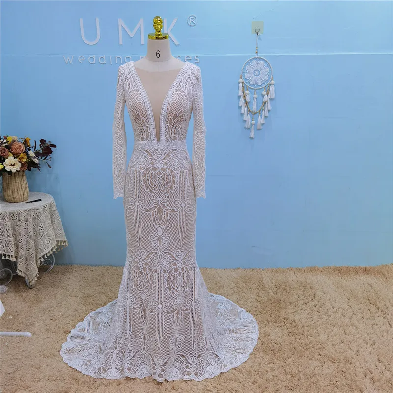 Кружевное свадебное платье-Русалка с длинным рукавом и открытой спиной | Свадьбы