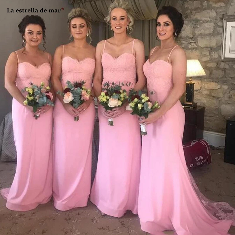 

vestido boda mujer invitada new lace satin sexy V neck thin straps pink mermaid bridesmaid dress tail robe demoiselle d honneur