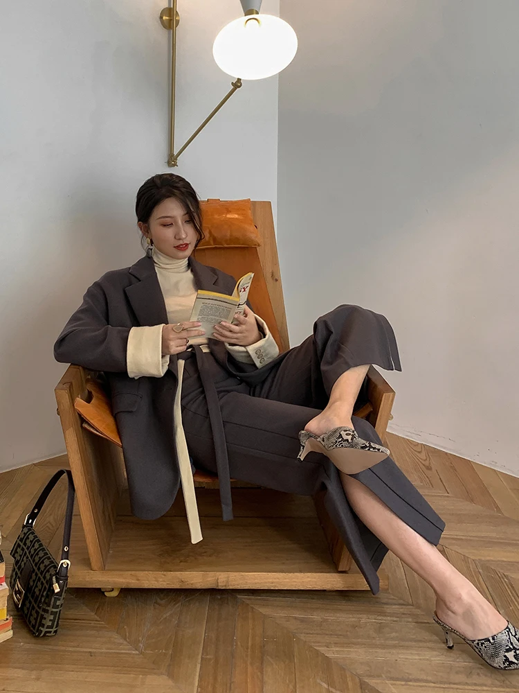 

Women Woolen 2 Pieces Set Winter Blazer Jacket Cardigan Coat and Wide Leg Pants Suit Women's Sets High Quality