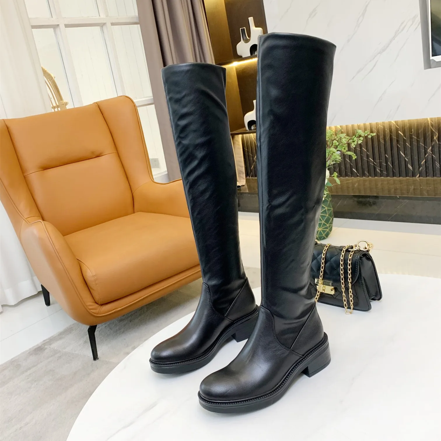 Горячая Распродажа женские привлекательные Черные Сапоги выше колена с круглым