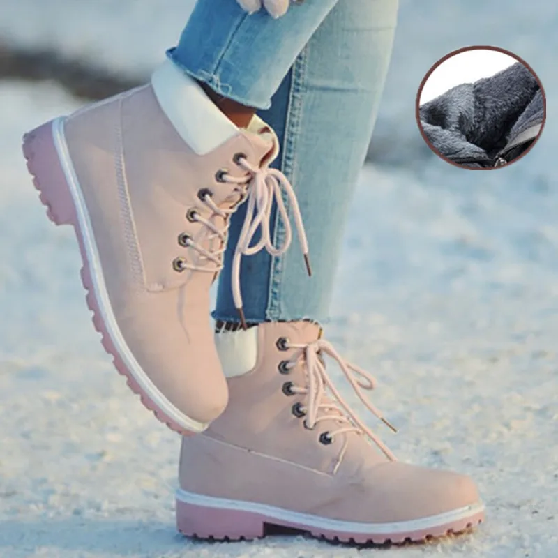 

New Winter Women Ankle Snow Boot Leather Fur Wedges Warm Plush Rubber Platform Lace Up Pink Ladies Boots Men Winter Boots Mujer