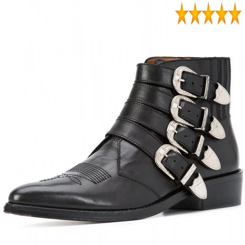 

Buckle Cowboy Runway Mens Top Quality Cowhide Real Leather Riding Chelsea Boots Pointed Toe Med Heels Biker Safety Shoes