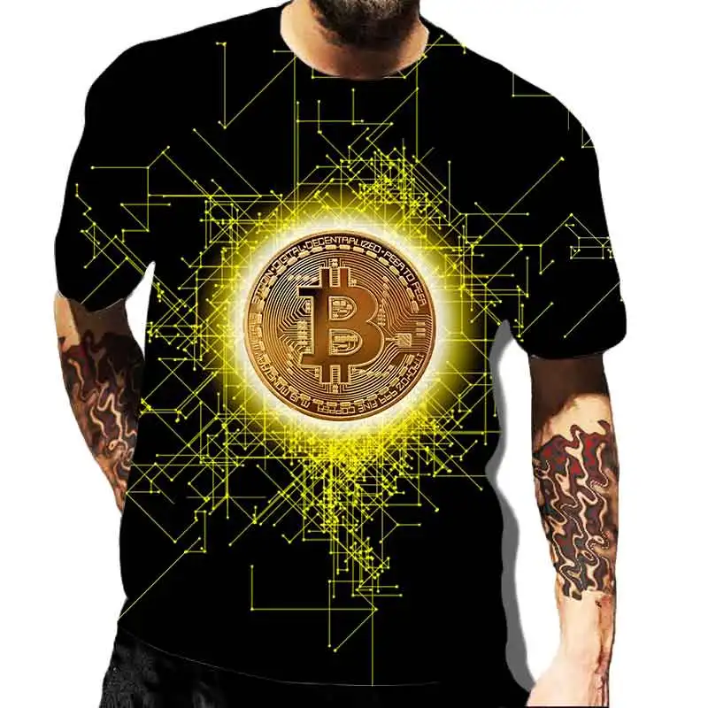 

Повседневная модная спортивная мужская футболка с коротким рукавом, женская футболка с 3D принтом биткоина, дышащая мужская одежда для фитн...