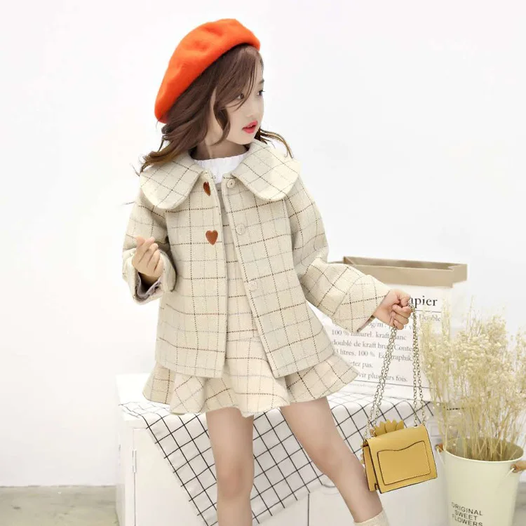 Модный комплект одежды для девочек бежевая шерстяная клетчатая куртка и платье с