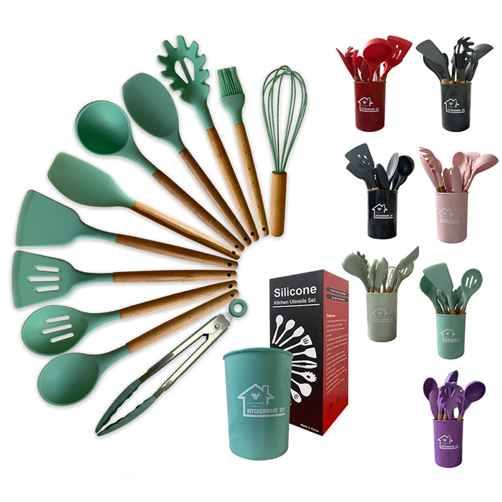 

Silicone Wooden Handle Kitchenware Set Non-Stick Cookware Kitchen Cooking Utensils Shovel Spoon 11 Piece Set Of Baking Utensils