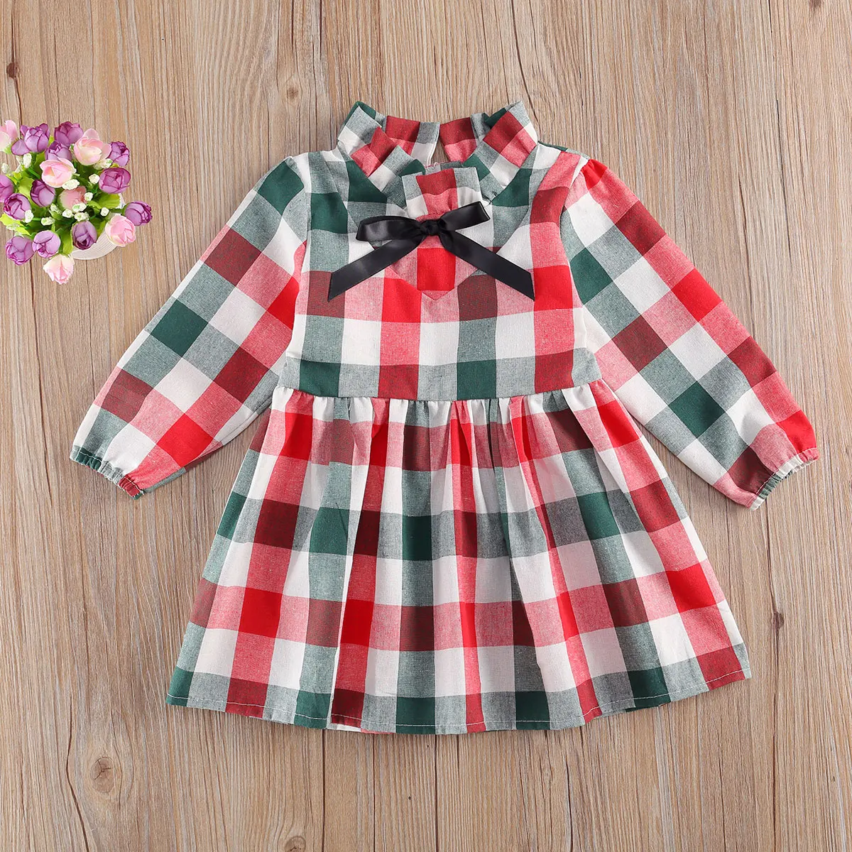 Christmas Baby Autumn Clothing Plaid Stand-Collar Long-Sleeves High-Waist Dress with Back Zipper for Little Girls 6 Months to 5Y |