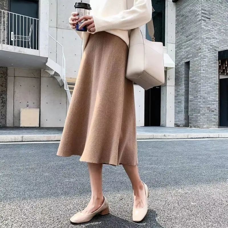 

2022 Spring Autumn Women New Midi Long Knitted Skirts Female Solid High Waist Skirts Ladies Casual Loose A-line Skirts A82
