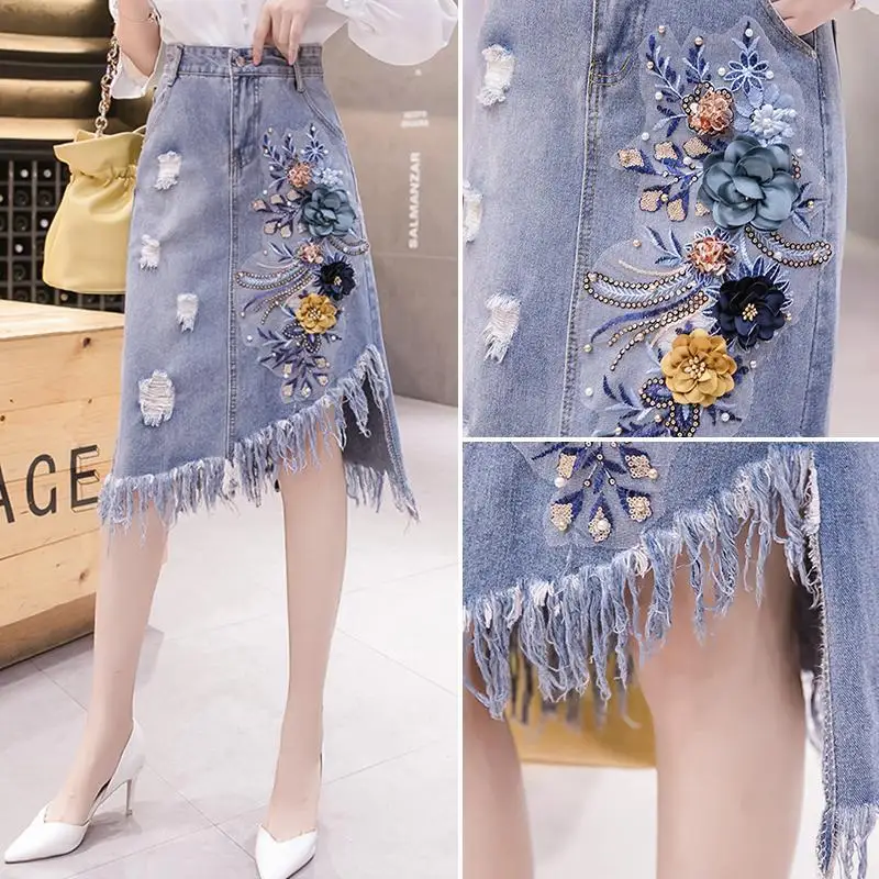 

Women's Skirts, Summer New Fashion, Denim Skirts, Women's Skirts, High Waist, A-line Embroidery, Tassels, Asymmetric Holes