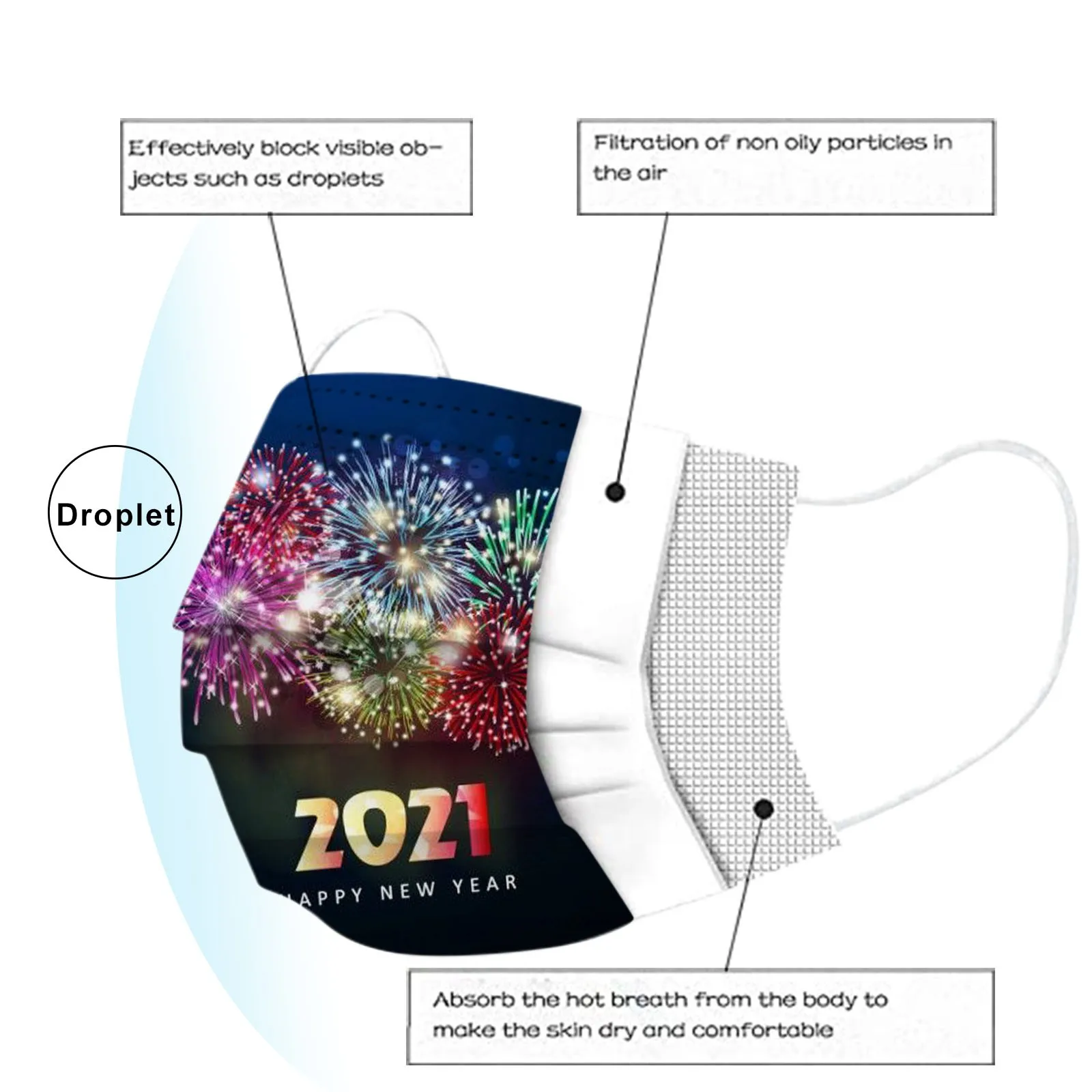 

10PCS Mascarillas Adult's Protection Mask 2021 Happy New Years Mouth Masks Face Mask 3Ply Ear Loop Mascherine Mondkapjes D09