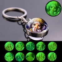 charm luminous glass ball keychain keyrings lucky indian elephant head god ganesh jewelry glowing in the night wholesale
