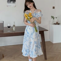 summer fashion tie dye female high waist floral dress long strapless one line sweet style dress with straps