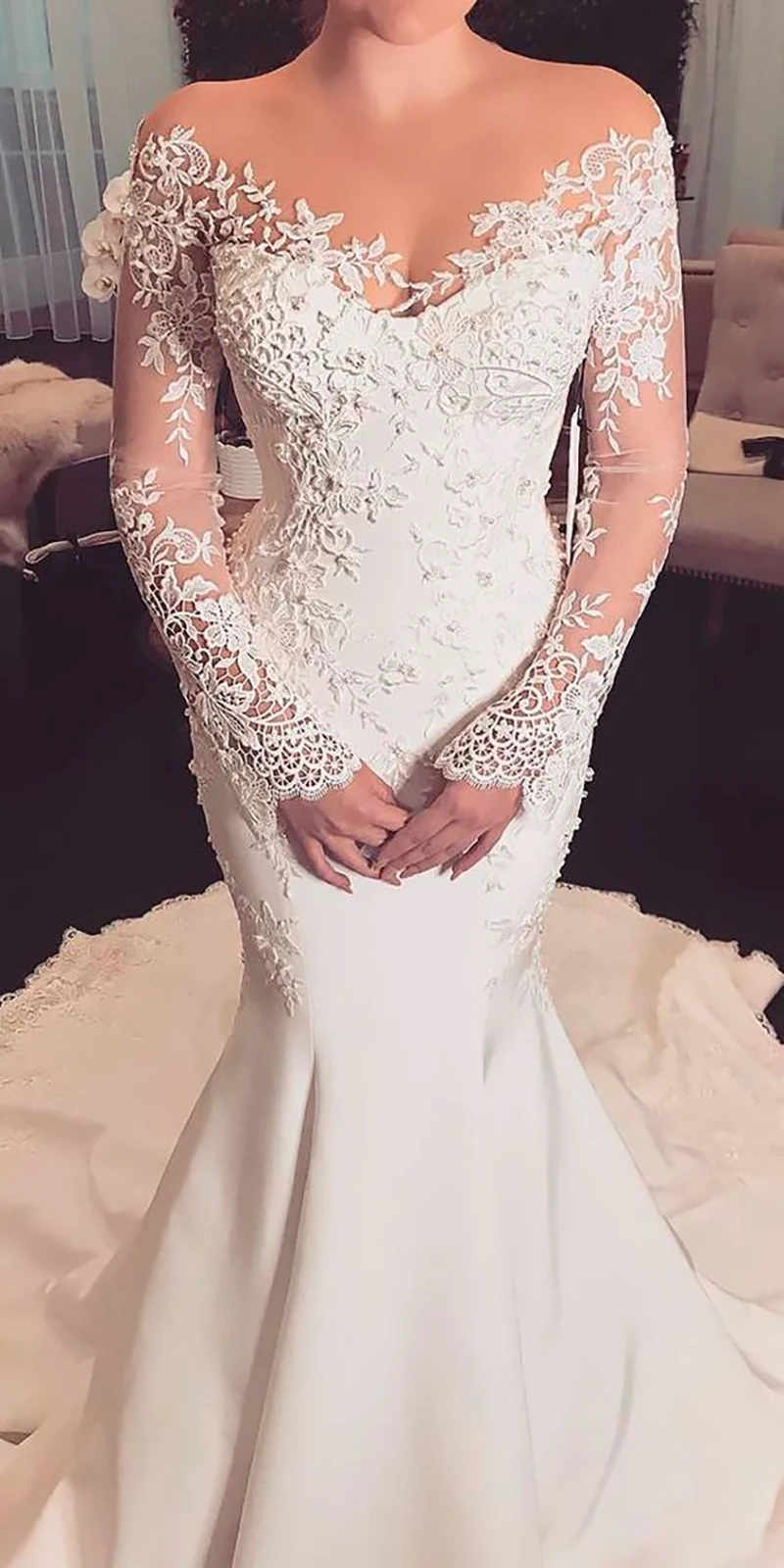 

Mermaid Wedding Dresses Robe De Mariee Sheer Vintage Lace Long Sleeve Wedding Dress Bridal Gowns Vestidos De Noiva Bride Dress