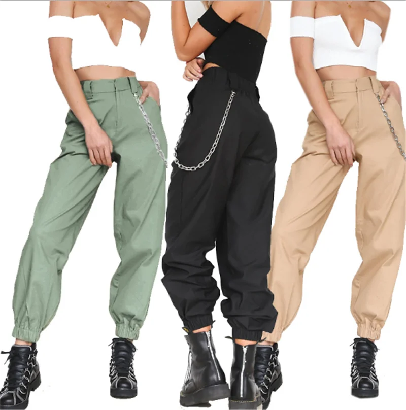 

Vintage Chain Black Cargo Pants Women High Waist Punk Joggers Baggy Trousers Women Cargo Pants Streetwear Harajuku