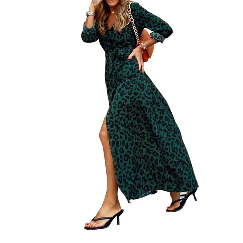 Sexy V-Neck Long-Sleeved Dress Elegant Lace-Up Slim Waist Long Skirt 2021 Fall Fashion Casual Women