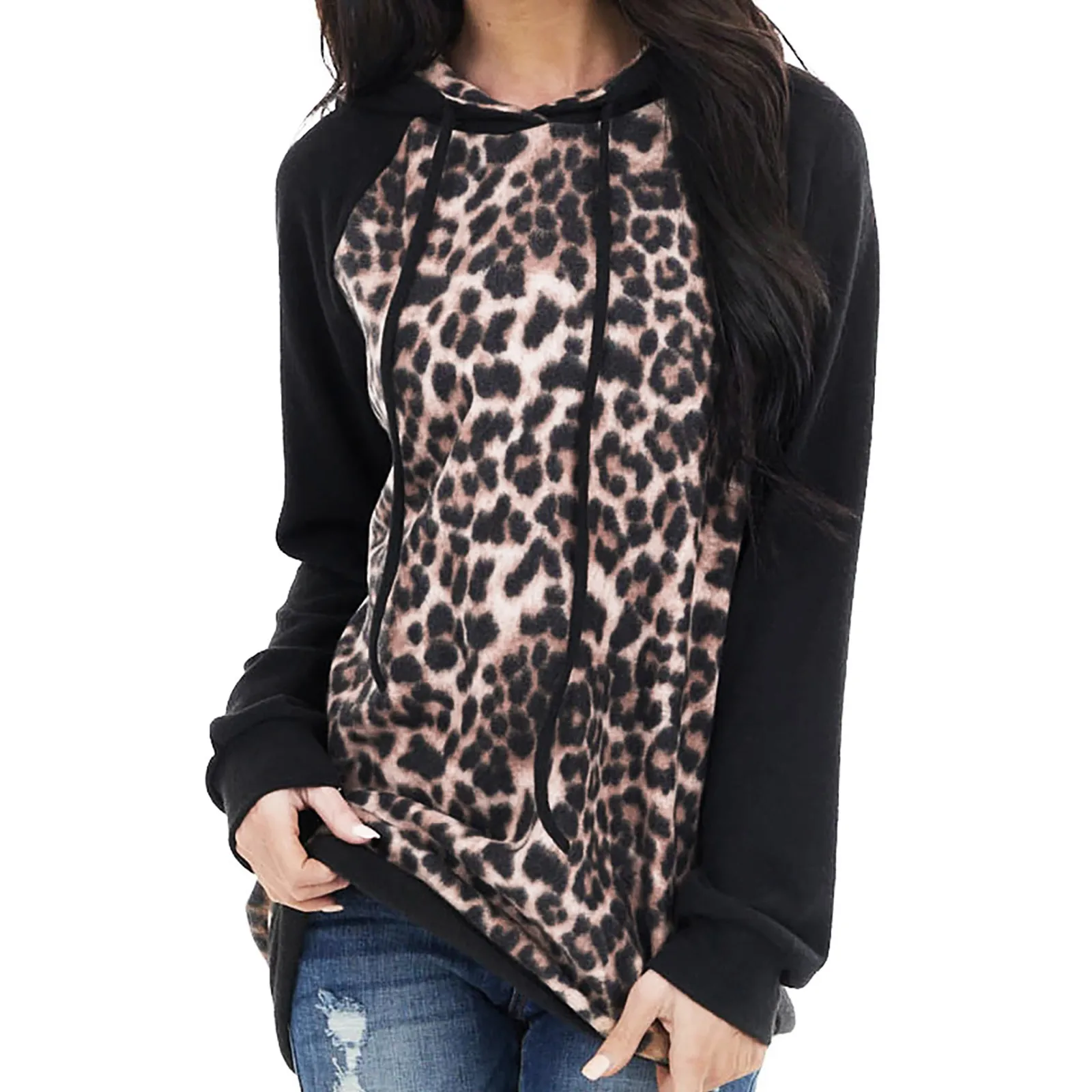 

Hoodie Ladies Fashion Leopard print Sweatshirt Pullovers Long Sleeve Hooded Stitching Contrast Sleeve Sweatshirt Tops sudaderas