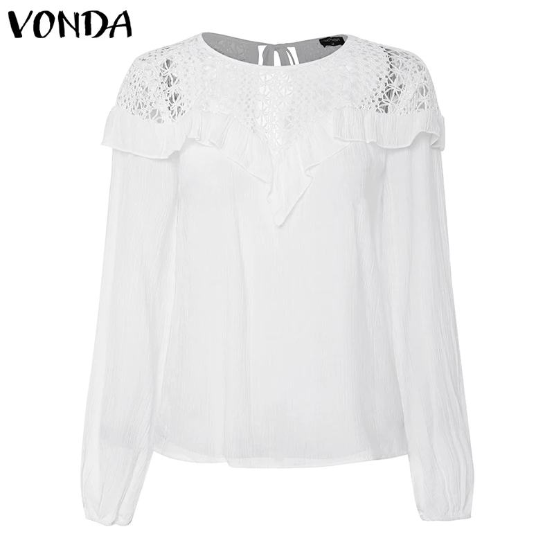 White 2 VONDA/хлопковые топы с рукавами-колокольчиками, сексуальные белые блузки с круглым вырезом, женские повседневные свободные рубашки, белая хлопковая туника для женщин размера плюс S-5XL - Цвет: White 2