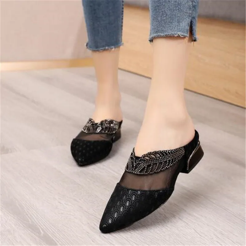 

2020 New Summer Cowhide Rhinestone Mesh Pointed Sandals Comfort Casual Sandals Slippers Women Fashion Sandals Low-heel Sandals