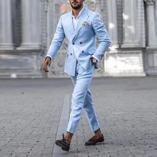 Traje de chaqueta y pantalones para hombre, ropa de oficina de color azul sólido con doble botonadura, moda de otoño 2021 (4)