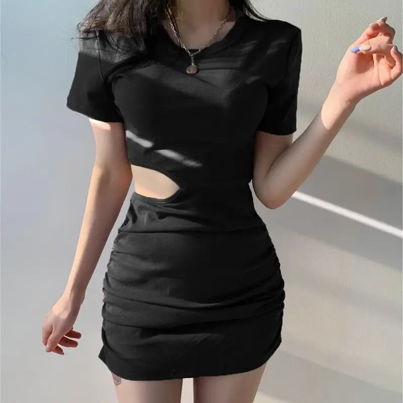 

2021 Hollow Out Solid Casual Slim Short Sleeve Mini Dress Stretchy Skinny Fashion Crew Neck Women Midriff Outfits Streetwear