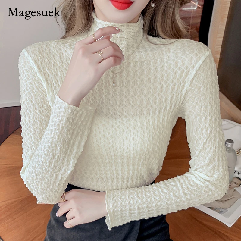 

Stretch Slim Fit Bottoming Shirts 2021 Autumn New Turtleneck Hollow Lace Long Sleeve Blouse Tops Black White Sexy Mesh Top 17379
