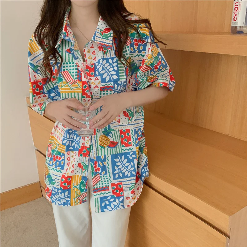 

HziriP Printed Holiday Hand Painted Femme Vintage 2021 Lapel Lady OL Retro Stylish Brief New Summer All Match Long Sleeve Shirts