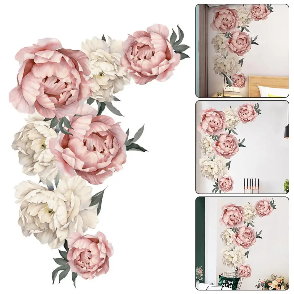 

60*40cm Pink Peony Flower Wall Stickers Romantic Flowers Home Decor for Bedroom Living Room DIY Vinyl Wall Decals