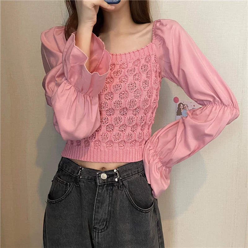 

Women Solid Sweater Jumpers Square Collar Cropped Pullover Crop Tops Girls Patched Full Flare Sleeve Sweaters For Female