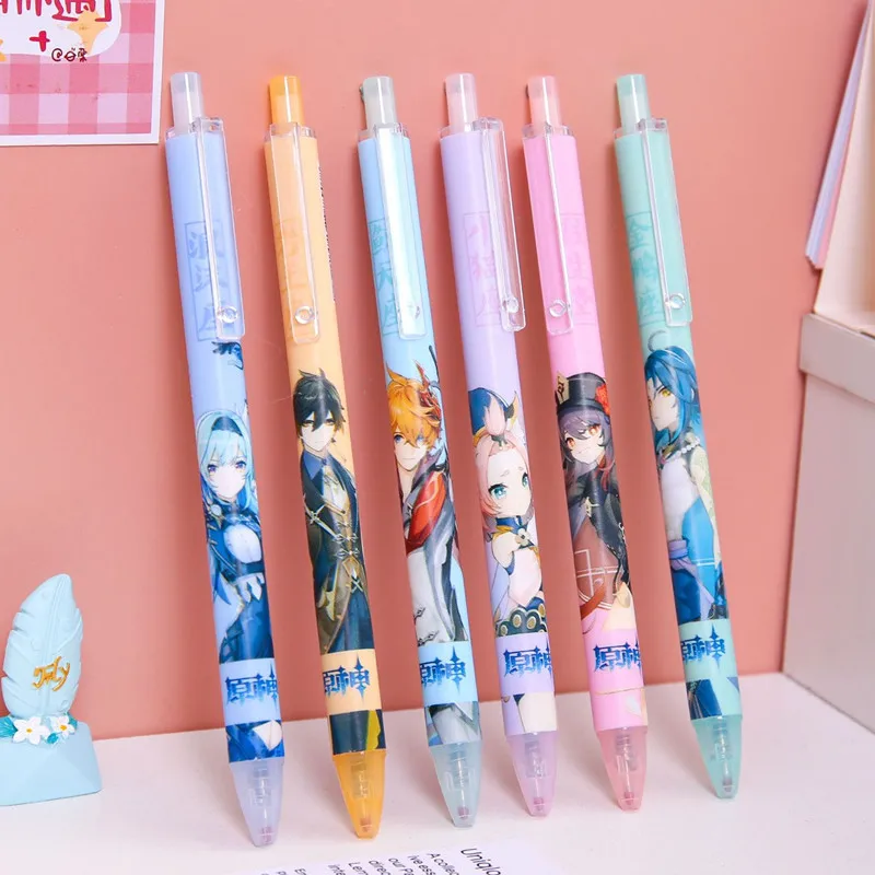 

6pcs/set Genshin Impact Gel Pens Cartoon Klee Zhongli 0.5mm Black Gel Pen School Office Stationery Supplies Hot Game Push Pen