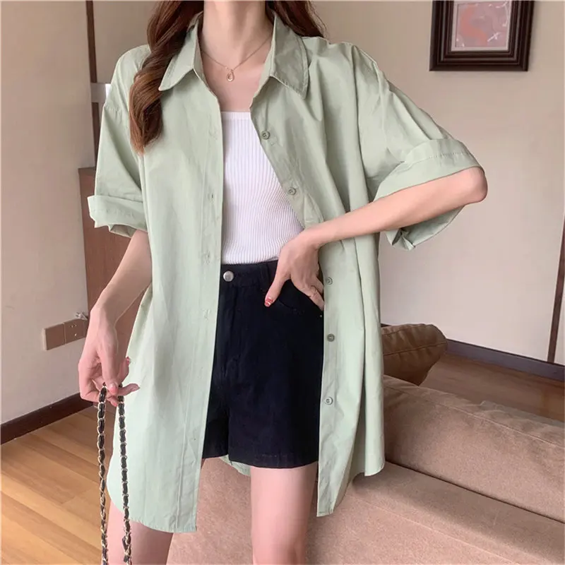 

HziriP Short Sleeves Brief Outwear Casual 2021 Streetwear Elegance Loose Chic Solid Minimalist Summer Femme Gentle OL Shirts