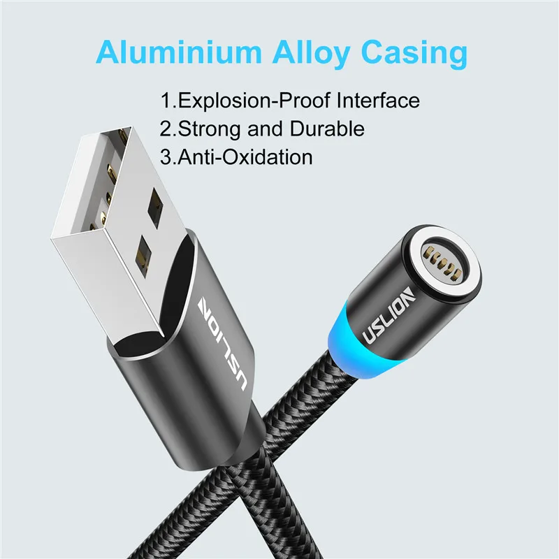 USLION 1M 3A Fast Charging Magnetic USB Micro Cable Type C Cable LED Phone Wire Type-C Magnet Charger For Iphone XS 7 XR Samsung
