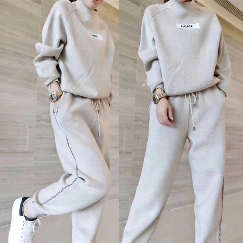 2020 autumn winter Woolen and Cashmere Knitted warm Suit O collar Sweater + Harem pants loose style two-piece set women knit |